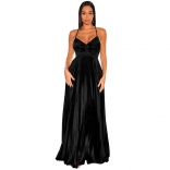 Black Women's Straps V-Neck Crimped Maxi Dress Evening Elegant Prom Formal Party Long Skirt