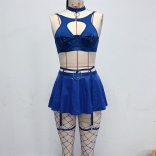 Blue Women's Lace Erotic Underwears Fishnets Bra & Brief Sets Evening Leather Sexy Apron Costumes Sex Clothing