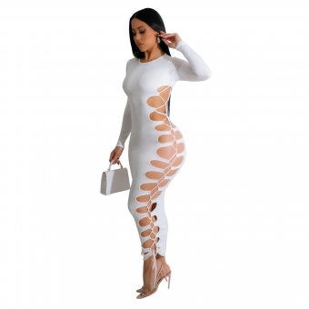 White Women Long Sleeve Hollow-out Bandage Sexy Party Dress Evening Dancing Woman Clothing