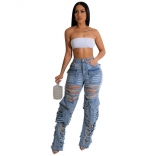 Blue Hollow-out Demin Trousers Sexy Women Jeans Leggings