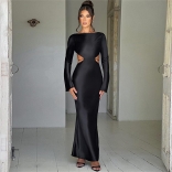 Black Women's Backless Elegant Long Dress Long Sleeve Woman Part Formal Fashion Dress