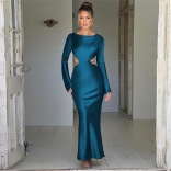 Blue Women's Backless Elegant Long Dress Long Sleeve Woman Part Formal Fashion Dress