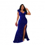 Blue Women's Elegant Sequins Sleeveless V-Neck Prom Dress Sexy Evening Formal Long Dresses Clothing