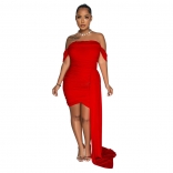 Red Women Sleeveless Mesh Pleated Dress Fashion Party Off-Shoulder Sexy Evening Clothing