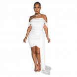 White Women Sleeveless Mesh Pleated Dress Fashion Party Off-Shoulder Sexy Evening Clothing
