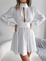 White Women's Long Sleeve Deeo V-Neck Pleated Sexy Party Casual Skirt Dress