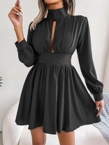 Black Women's Long Sleeve Deeo V-Neck Pleated Sexy Party Casual Skirt Dress