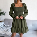 Green Women's Long Sleeve Pleated Fashion Prom Party Casual Skirt Dress