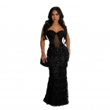 Black Women's Straps Low-Cut Sequins Mesh Elegant Long Dress Evening Bodycon Prom Maxi Dress