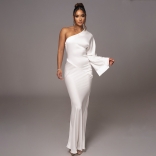 White Women's Satin Diagonal Collar Elegant Backless Formal Ball Gown Evening Long Dress