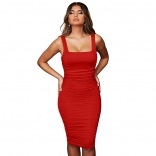 Red Women's Sexy Straps Low-Cut Pleated Dress Fashion Casual Prom Party Midi Skirt Clothing