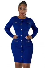 Blue Women's Long Sleeve Cotton Stripe Bodycon Mini Dress Prom Office Clothing