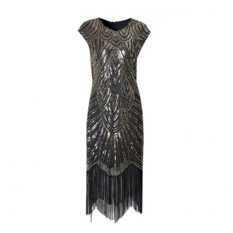 Black Gold Women's Sequins Lace Hollow-out Party Prm Midi Dress Sexy Evening Formal Tassels Clothing