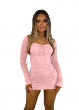 Pink Women's Mesh Long Sleeve Low-Cut Party Mini Dress Bodycon Clothing