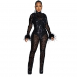Black Women Mesh See-through Feather Long Sleeve Sequin Prom Jumpsuit Evening Dance Formal Long Dress