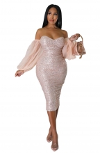 Pink Women's Off-Shoulder Mesh Sleeve Sequins Bodycon Midi Dress Evening Party Prom Sexy Clothing