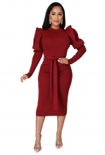 WineRed Women's Long Sleeve Striped Cotton Bodycon Midi Dress Belted Evening Long Skirt Clothing