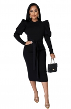Black Women's Long Sleeve Striped Cotton Bodycon Midi Dress Belted Evening Long Skirt Clothing