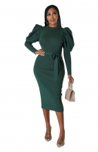 Green Women's Long Sleeve Striped Cotton Bodycon Midi Dress Belted Evening Long Skirt Clothing