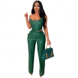Green Women Off-Shoulder Faux Leather Tops Bodycon Sexy Pleated Jumpsuit Sets
