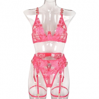 Pink Women's Luxury Underwear Rhinestones Lace Erotic Bra Brief Sets Lingerie