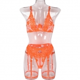 Orange Women's Luxury Underwear Rhinestones Lace Erotic Bra Brief Sets Lingerie