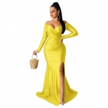 Yellow Women's Luxury Long Dress Sexy Low-Cut Evening Party Prom Clothing