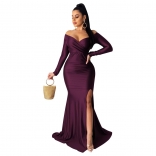 WineRed Women's Luxury Long Dress Sexy Low-Cut Evening Party Prom Clothing