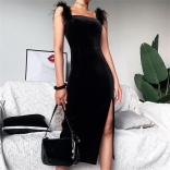 Black Women's Midi Dress Feather Straps Shoulder Velvet Bodycon Prom Long Dresses Clothing
