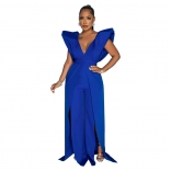 Blue Women's Deep V-Neck Jumpsuit Backless Solid Sexy Formal Occasion Long Dress