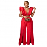Red Women's Deep V-Neck Jumpsuit Backless Solid Sexy Formal Occasion Long Dress
