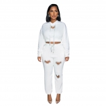 White Women Jumpsuit Sets Long Sleeve Diamond Hollow-out Hooded Sexy Long Dress