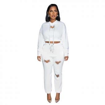White Women Jumpsuit Sets Long Sleeve Diamond Hollow-out Hooded Sexy Long Dress