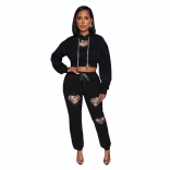 Black Women Jumpsuit Sets Long Sleeve Diamond Hollow-out Hooded Sexy Long Dress