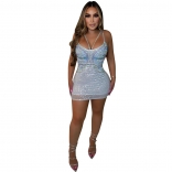 White Women's Sexy Mini Dress Straps Rhinestones Bodycon Evening Party Clothing