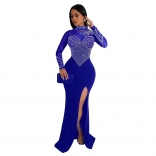 Blue Luxury Women's Mesh Diamonds Long Dress Sexy Wedding Party Evening Maxi Clothing