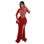 Red Luxury Women's Mesh Diamonds Long Dress Sexy Wedding Party Evening Maxi Clothing