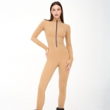 Khaki Women's Long Sleeve Jumpsuits Zipper Bodycons Sports Bodysuit Dress