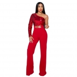 Red Women One Sleeve Sequins Fashion Sexy Bodycons Party Jumpsuit Dress