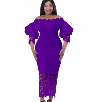 Purple Women's Off-Shoulder Lace Hollow-out Lantern Sleeve Elegant Formal Party Clothing