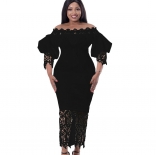 Black Women's Off-Shoulder Lace Hollow-out Lantern Sleeve Elegant Formal Party Clothing