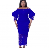 Blue Women's Off-Shoulder Lace Hollow-out Lantern Sleeve Elegant Formal Party Clothing