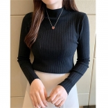 Black Women Knitted Sweater Winter Slim Basic Casual Base Versatile Top Female Bottom Undershirt Pullover