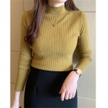 Yellow Women Knitted Sweater Winter Slim Basic Casual Base Versatile Top Female Bottom Undershirt Pullover