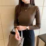 Coffee Women Knitted Sweater Winter Slim Basic Casual Base Versatile Top Female Bottom Undershirt Pullover
