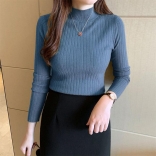 Navy Women Knitted Sweater Winter Slim Basic Casual Base Versatile Top Female Bottom Undershirt Pullover