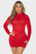 Red Women's Mesh Long Sleeve See-through Sequins Bodycon Party Evening Mini Dress