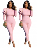 Pink Women's Long Sleeve Striped Button Tops Bodycon Sexy Jumpsuit Dress Sets