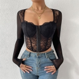 Black Women Sexy Mesh Sheer T-shirt Lace Long Sleeve Blouse Embroidery Fishbone Corset Crop Top