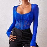 Blue Women Sexy Mesh Sheer T-shirt Lace Long Sleeve Blouse Embroidery Fishbone Corset Crop Top